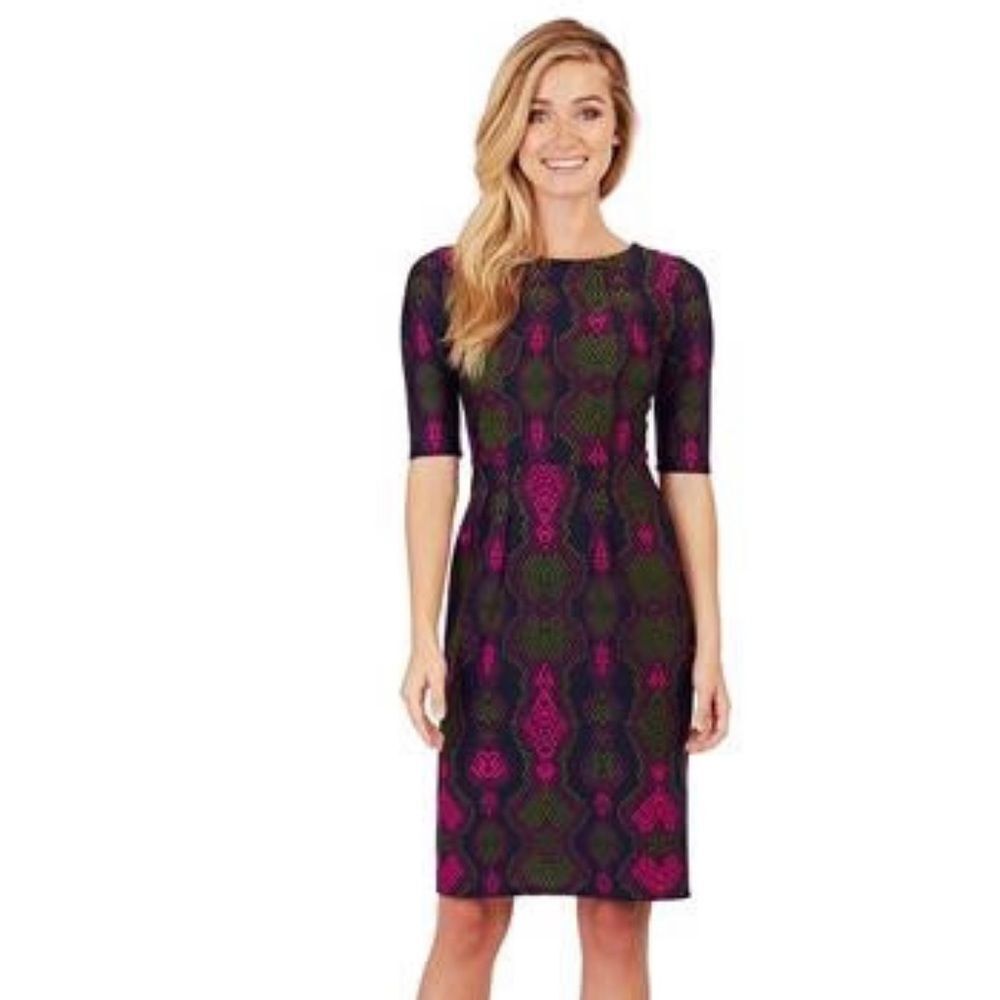 Jude Connally Womens Monique Dress in Snakeskin Mulberry S Sheath 1/2 Sleeve
